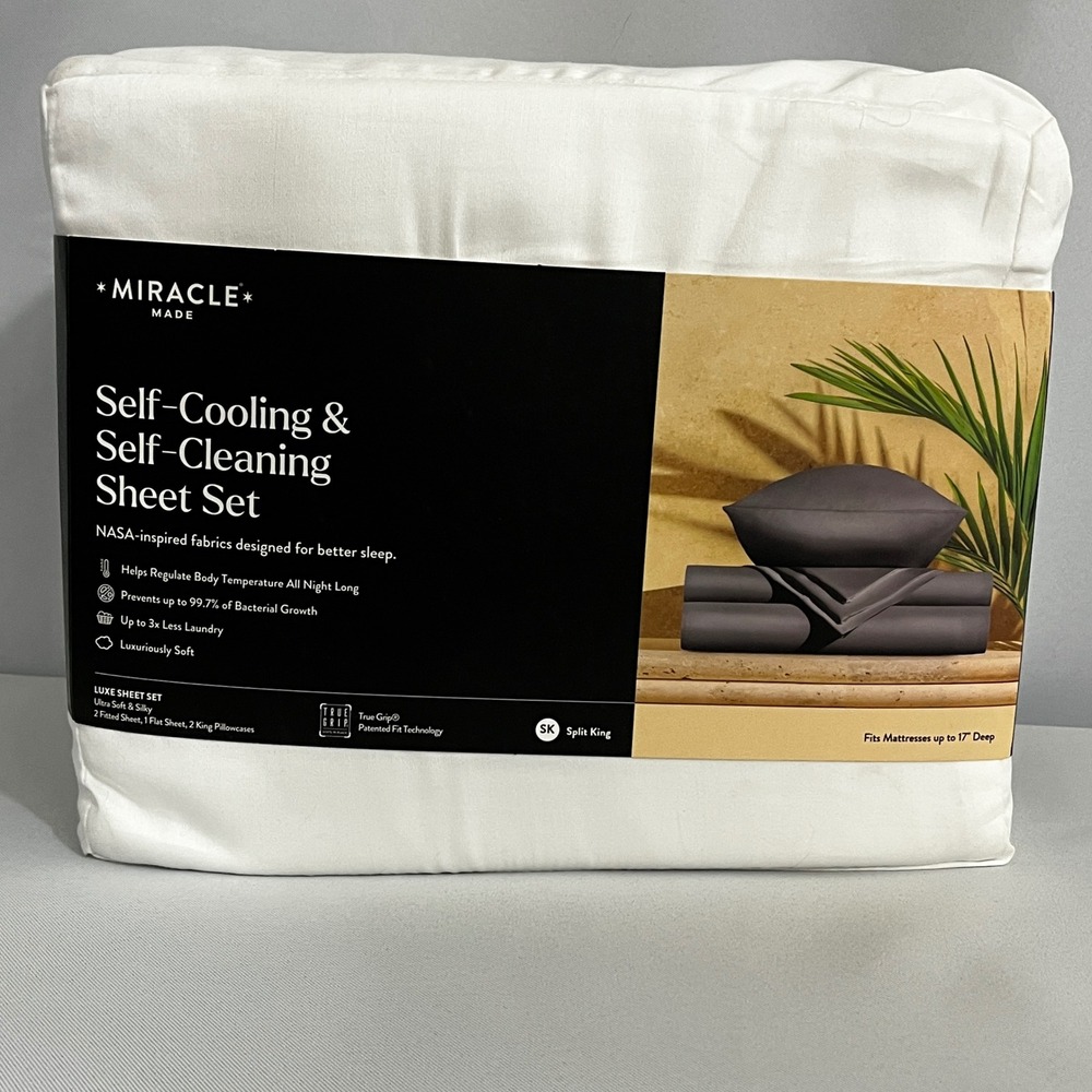 Miracle Made Luxe Sheet Set Split King White 17" Deep Sateen Cooling Bedding